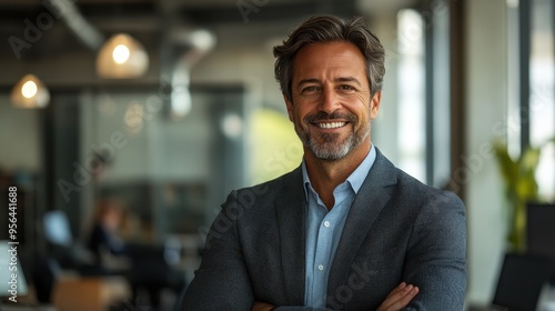 Confident Businessman Smiling in Modern Office Environment with Arms Crossed