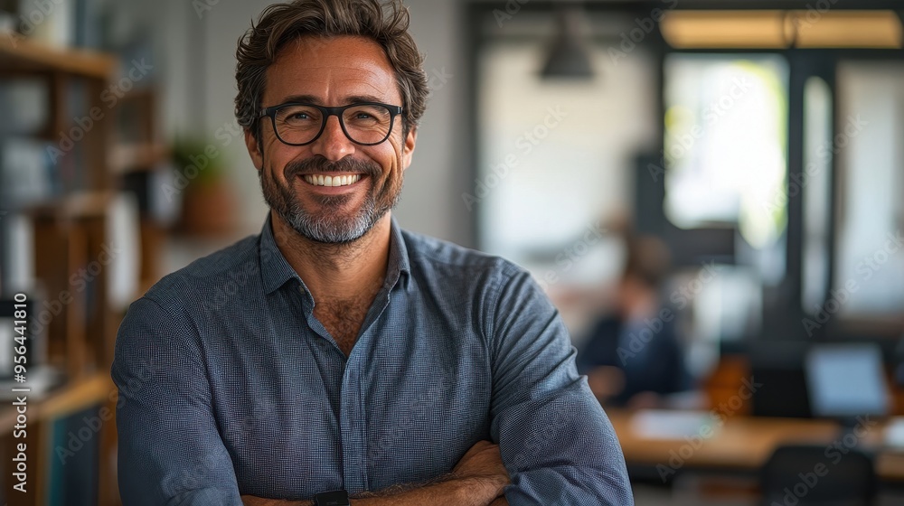 Confident Middle-Aged Man Smiling in Modern Office Environment with Shelves and Colleagues in Background Confident Middle-Aged Man Smiling in Modern Office Environment with Shelves and Colleagues in Background