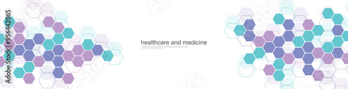 Health care abstract background with hexagons, lines and dots. Medical innovation banner template concept. Biology and pharmaceutical technology background. Vector illustration.
