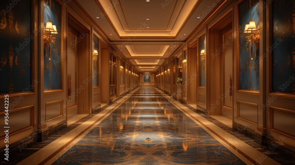 Luxurious hotel corridor illuminated by warm lights, showcasing elegant design and flooring, inviting serenity. Generative AI Luxurious hotel corridor illuminated by warm lights, showcasing elegant design and flooring, inviting serenity. Generative AI
