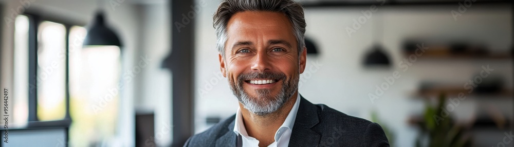 Confident Mature Businessman Smiling in Modern Office Environment with Natural Light Confident Mature Businessman Smiling in Modern Office Environment with Natural Light