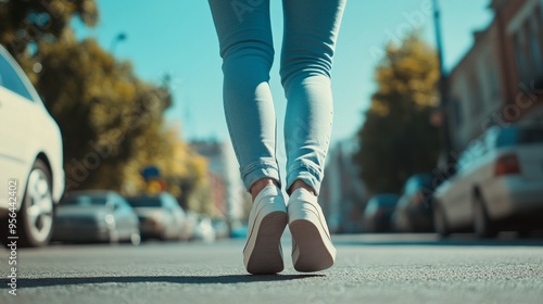 woman walking on pavement, closeup on her legs, bright day