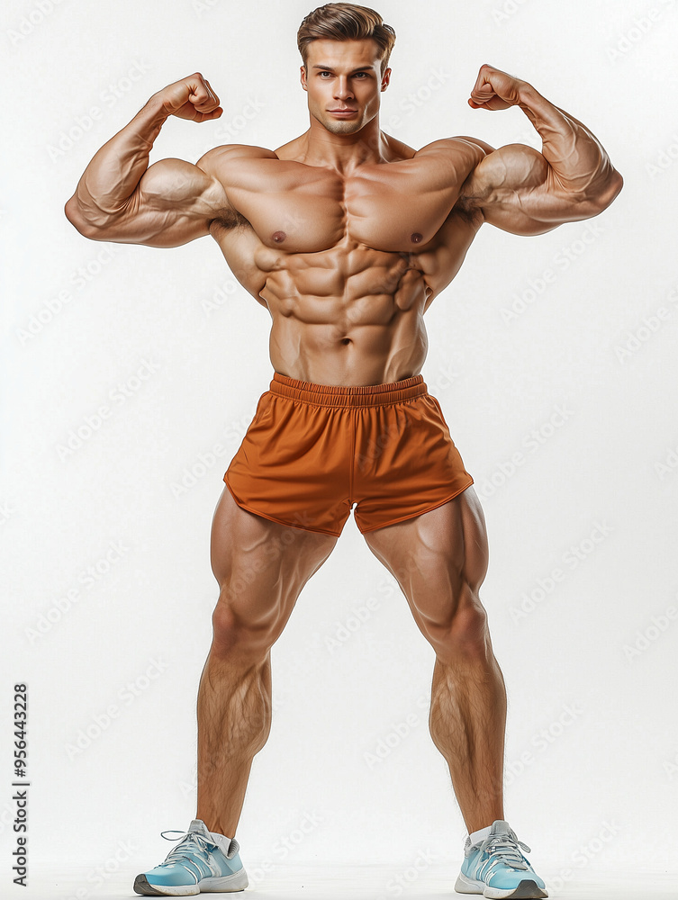 A muscular male bodybuilder flexing his arms, showing off his physique, isolated on a white background A muscular male bodybuilder flexing his arms, showing off his physique, isolated on a white background
