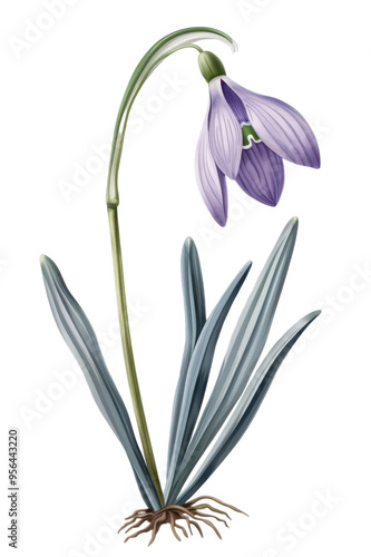 Vibrant Snowdrop flowers with lush green leaves, watercolor art, nature's beauty in a stunning botanical illustration, PNG transparent background