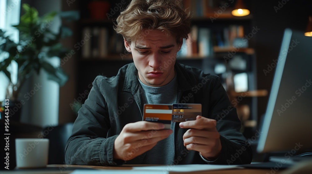 Upset and disappointed young businessman man looking at mobile phone screen sitting at desk in office and holding credit card problem with account and transaction : Generative AI Upset and disappointed young businessman man looking at mobile phone screen sitting at desk in office and holding credit card problem with account and transaction : Generative AI