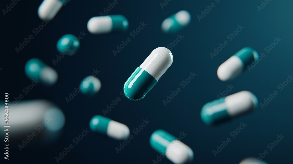 Close-up of a white and teal pill capsule floating in the air Close-up of a white and teal pill capsule floating in the air