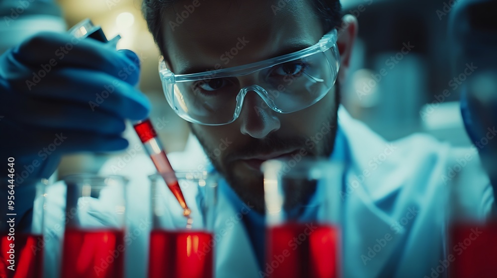 Lab assistant a medical scientist a chemistry researcher holds a glass tube through the blood sample does a chemical experiment and examines a patients blood sample Medicine and resear : Generative AI Lab assistant a medical scientist a chemistry researcher holds a glass tube through the blood sample does a chemical experiment and examines a patients blood sample Medicine and resear : Generative AI
