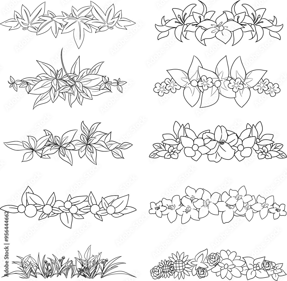 a set of different flowers and leaves design elements for border line or frame. a set of different flowers and leaves design elements for border line or frame.