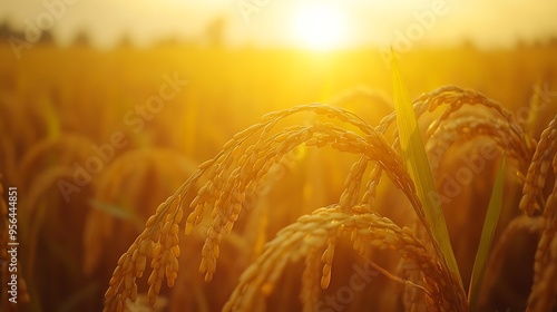 Golden paddy field swaying over sunset day time in Asia Raw short grain rice crop stalk with ears detals organic agriculture farming concept : Generative AI photo