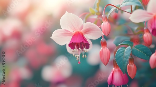 Selective focus of Fuchsia magellanica White pink flower in the garden Hummingbird fuchsia or hardy fuchsia is a species of flowering plant in the family Evening Primrose family Floral : Generative AI photo