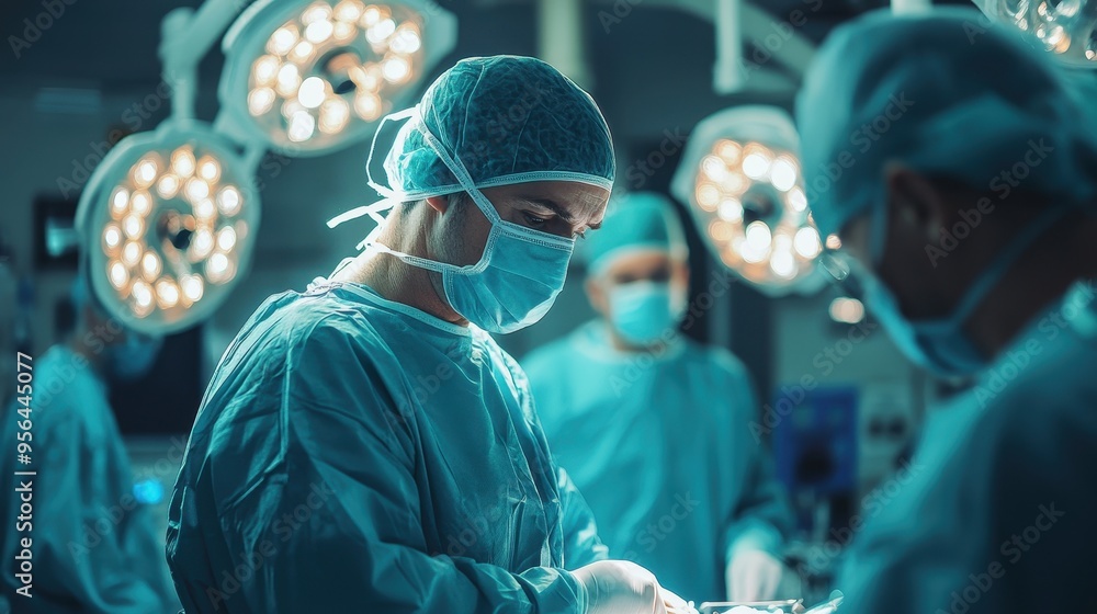 Surgeons Performing Surgery in a Modern Operating Room with Advanced Medical Equipment and Bright Lighting Surgeons Performing Surgery in a Modern Operating Room with Advanced Medical Equipment and Bright Lighting