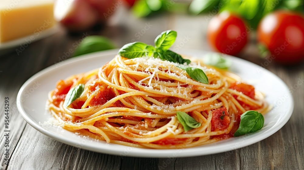 Italian Spaghetti with Basil and Parmesan on White Plate, Showcasing a Classic Dish with Fresh Ingredients and Culinary Appeal. Italian Spaghetti with Basil and Parmesan on White Plate, Showcasing a Classic Dish with Fresh Ingredients and Culinary Appeal.