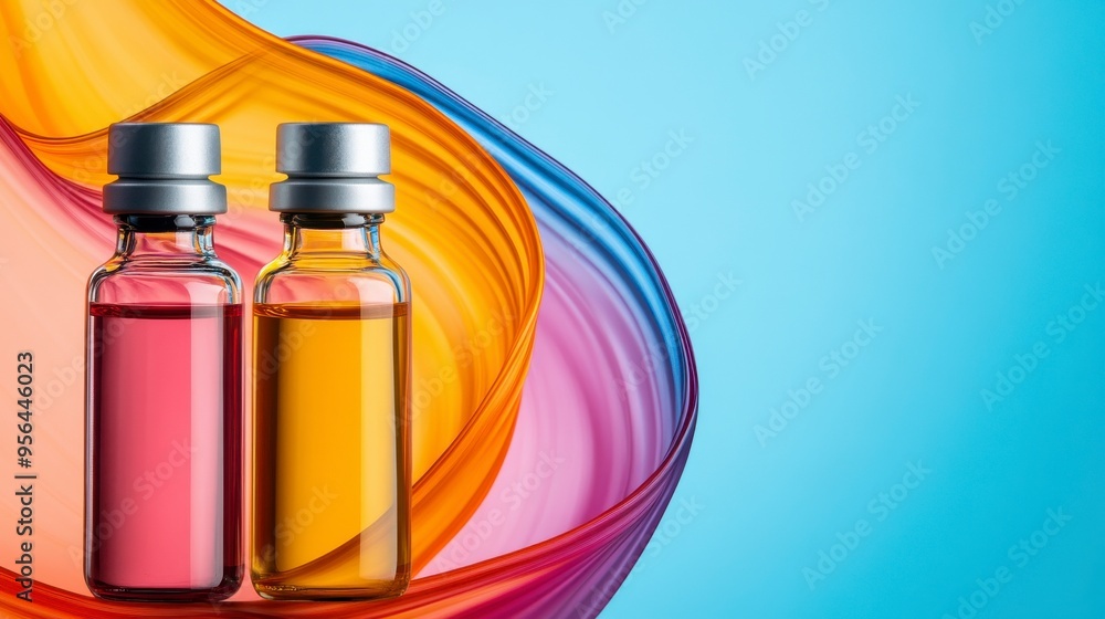 Colorful bottles of essential oil surrounded by vibrant swirls create an aesthetic appeal perfect for wellness and beauty themes. Colorful bottles of essential oil surrounded by vibrant swirls create an aesthetic appeal perfect for wellness and beauty themes.