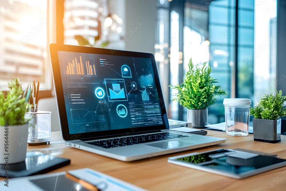 Laptop with Blue Interface on Desk. Laptop with Blue Interface on Desk.