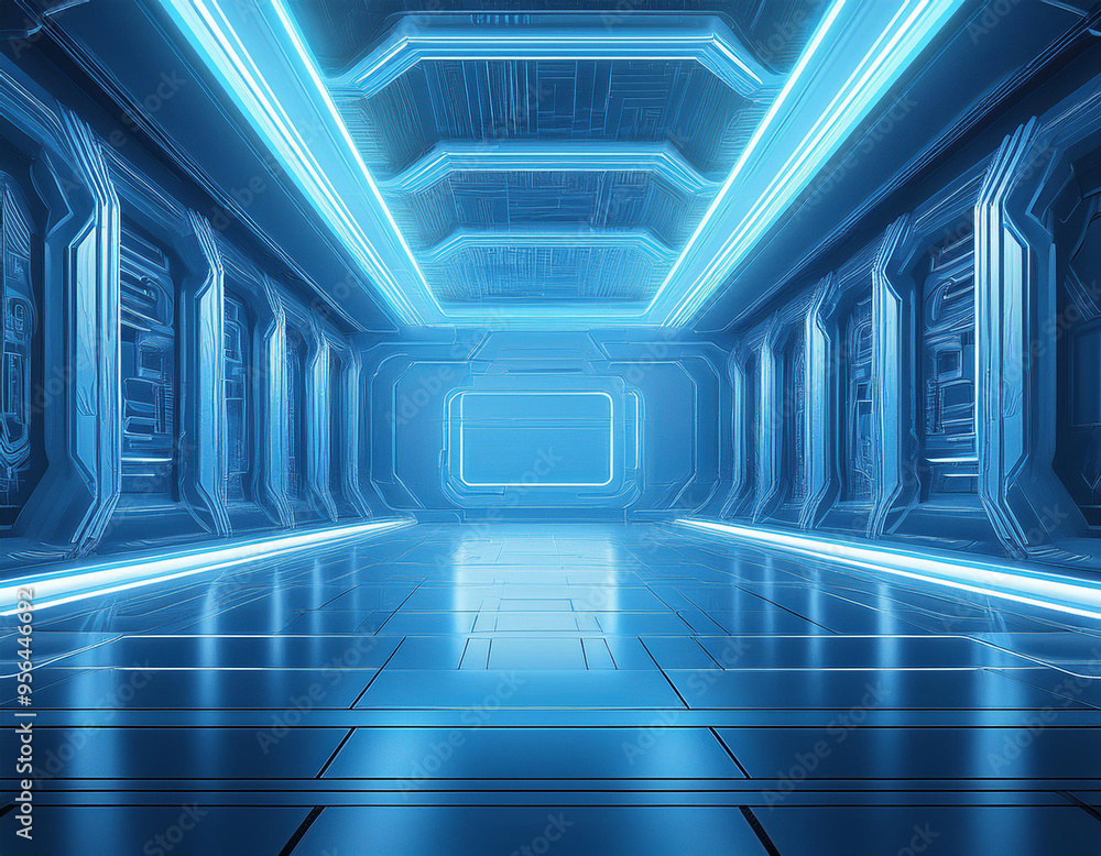 Technological Studio Background with Neon Panels in light blue Colors. Futuristic Podium for Product Presentation Technological Studio Background with Neon Panels in light blue Colors. Futuristic Podium for Product Presentation