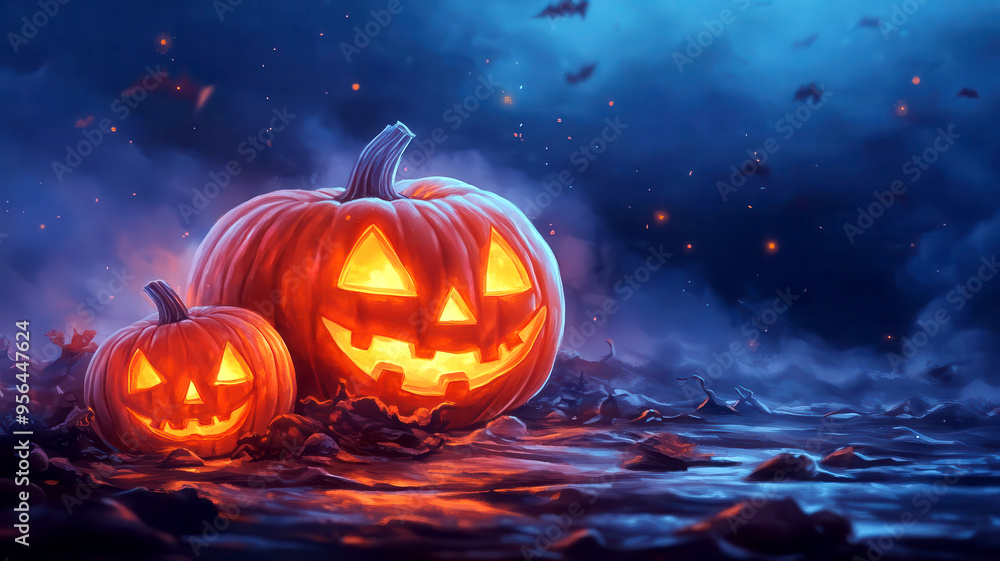 Mermaids with pumpkin lanterns, glowing in the dark ocean, Halloween vibes, Watercolor style Mermaids with pumpkin lanterns, glowing in the dark ocean, Halloween vibes, Watercolor style