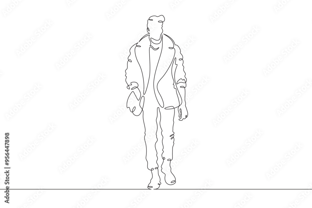 Continuous one line drawing a man in beautiful winter clothes. A young man is walking in a coat. A stylishly dressed man . One continuous line isolated minimal illustration. Continuous one line drawing a man in beautiful winter clothes. A young man is walking in a coat. A stylishly dressed man . One continuous line isolated minimal illustration.