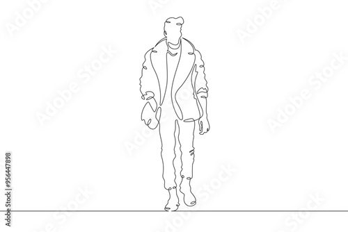 Continuous one line drawing a man in beautiful winter clothes. A young man is walking in a coat. A stylishly dressed man . One continuous line isolated minimal illustration.
