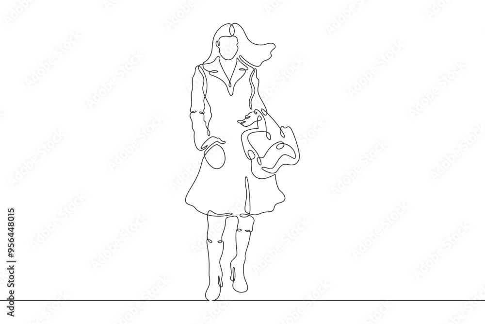 Continuous one line drawing woman in beautiful winter clothes. Girl walking in coat. Woman with woman's handbag. One continuous line isolated minimal illustration. Continuous one line drawing woman in beautiful winter clothes. Girl walking in coat. Woman with woman's handbag. One continuous line isolated minimal illustration.