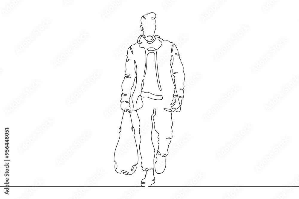 Continuous one line drawing a man in beautiful winter clothes. A young man is walking in a coat. A stylishly dressed man . One continuous line isolated minimal illustration. Continuous one line drawing a man in beautiful winter clothes. A young man is walking in a coat. A stylishly dressed man . One continuous line isolated minimal illustration.