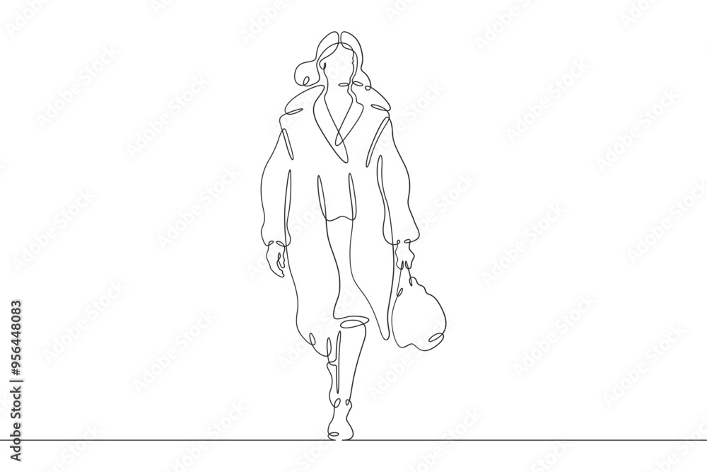 Continuous one line drawing woman in beautiful winter clothes. Girl walking in coat. Woman with woman's handbag. One continuous line isolated minimal illustration. Continuous one line drawing woman in beautiful winter clothes. Girl walking in coat. Woman with woman's handbag. One continuous line isolated minimal illustration.