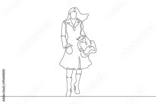 Continuous one line drawing woman in beautiful winter clothes. Girl walking in coat. Woman with woman's handbag. One continuous line isolated minimal illustration.