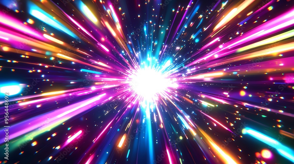 Abstract digital art of colorful glowing lines and particles radiating from center. Abstract digital art of colorful glowing lines and particles radiating from center.