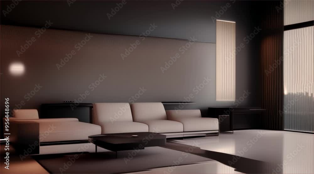 Modern living room interior with a sofa, table, featuring luxury design elements, comfortable furniture and windows that let in natural light. Modern living room interior with a sofa, table, featuring luxury design elements, comfortable furniture and windows that let in natural light.