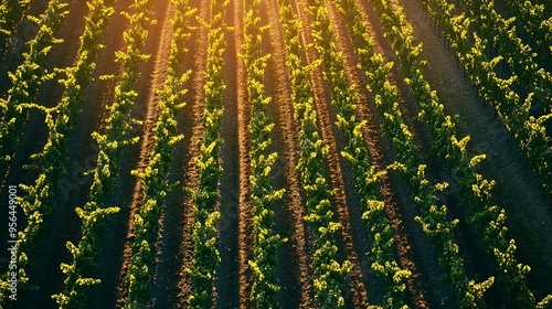 Vineyard agricultural fields in the countryside beautiful aerial landscape during sunrise : Generative AI