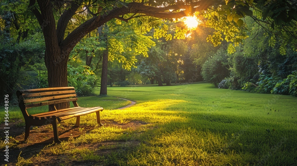A serene scene of a wooden bench in a park with lush green grass and trees bathed in golden sunlight. A serene scene of a wooden bench in a park with lush green grass and trees bathed in golden sunlight.