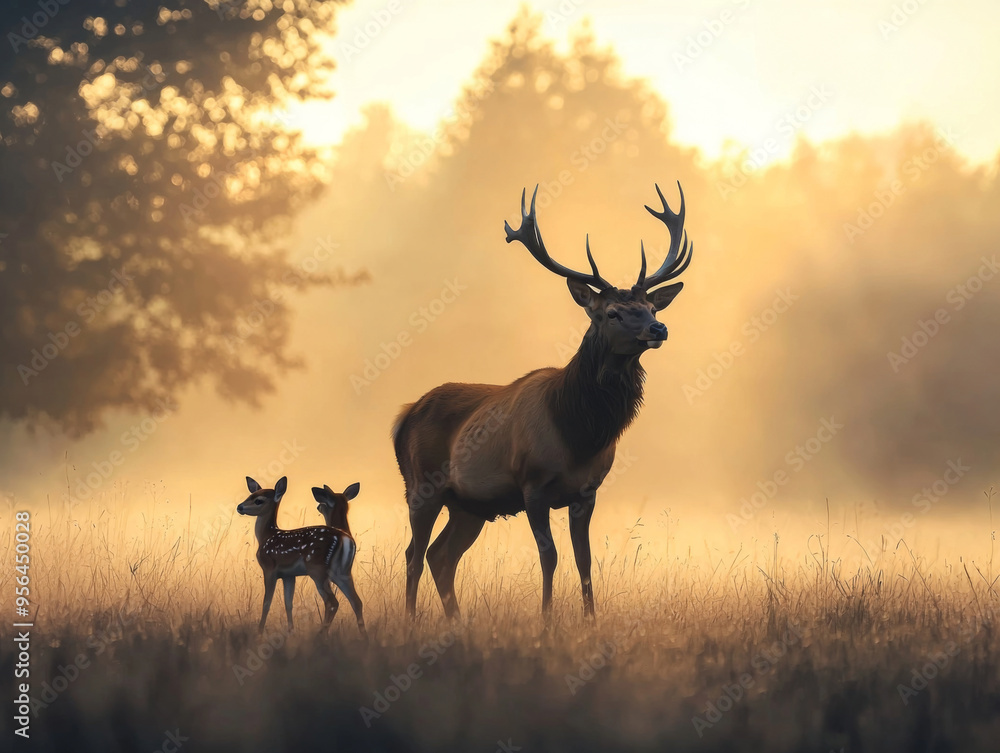 A deer with antlers stands in a field with a baby deer. The scene is peaceful and serene, with the sun setting in the background A deer with antlers stands in a field with a baby deer. The scene is peaceful and serene, with the sun setting in the background