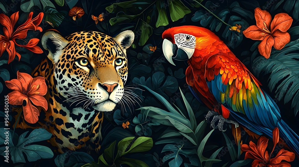Jaguar and Macaw in Tropical Jungle with Flowers Jaguar and Macaw in Tropical Jungle with Flowers