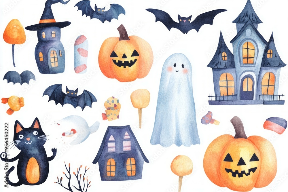 watercolor Halloween-themed clipart. Include elements such as pumpkins, ghosts, witches, bats, black cats, haunted houses, and candy. watercolor Halloween-themed clipart. Include elements such as pumpkins, ghosts, witches, bats, black cats, haunted houses, and candy.