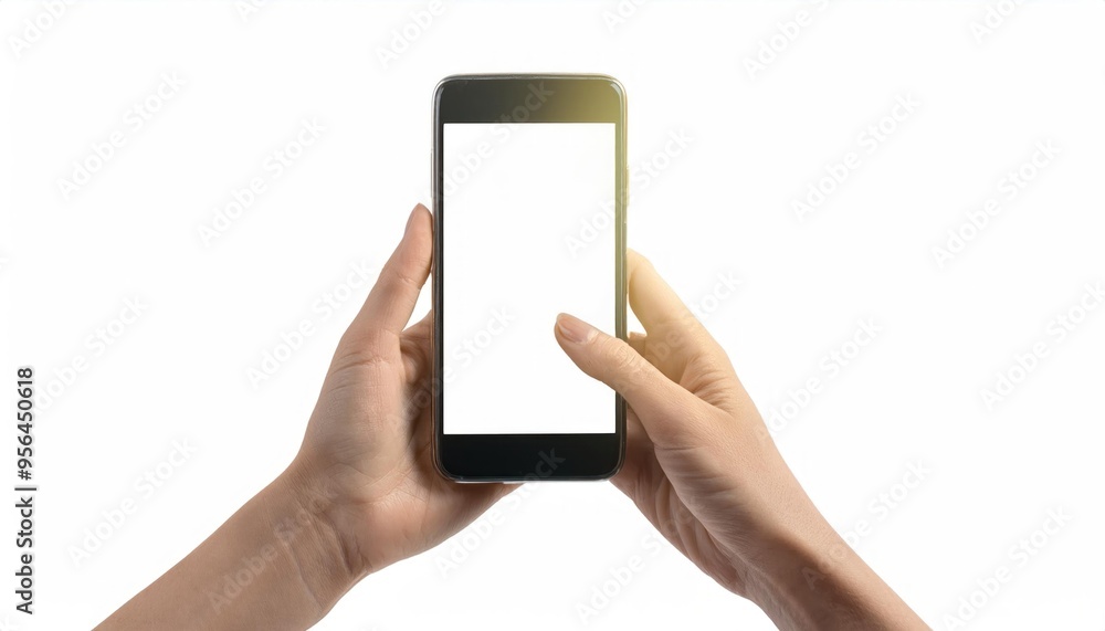 Beautiful female hand holding modern mobile phone white screen isolated on white background, with sunlight Beautiful female hand holding modern mobile phone white screen isolated on white background, with sunlight