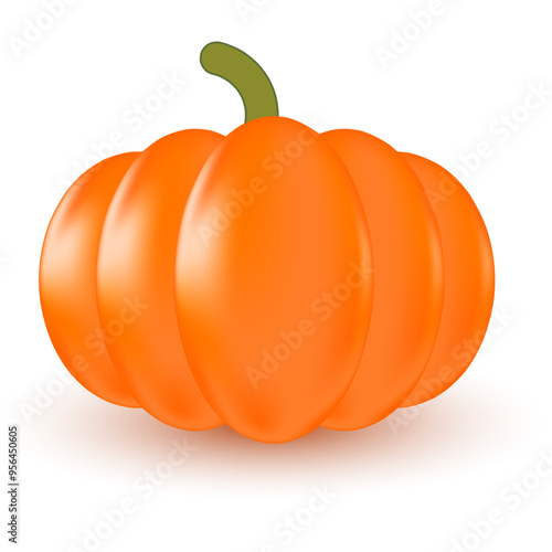 Cute 3D orange pumpkin, isolated transparent background. Cartoon glowing, plastic texture vegetable. Fall decoration sticker for presentation, infographics