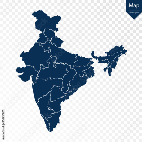 Transparent - High Detailed Blue Map of India. Vector eps10.	
 photo