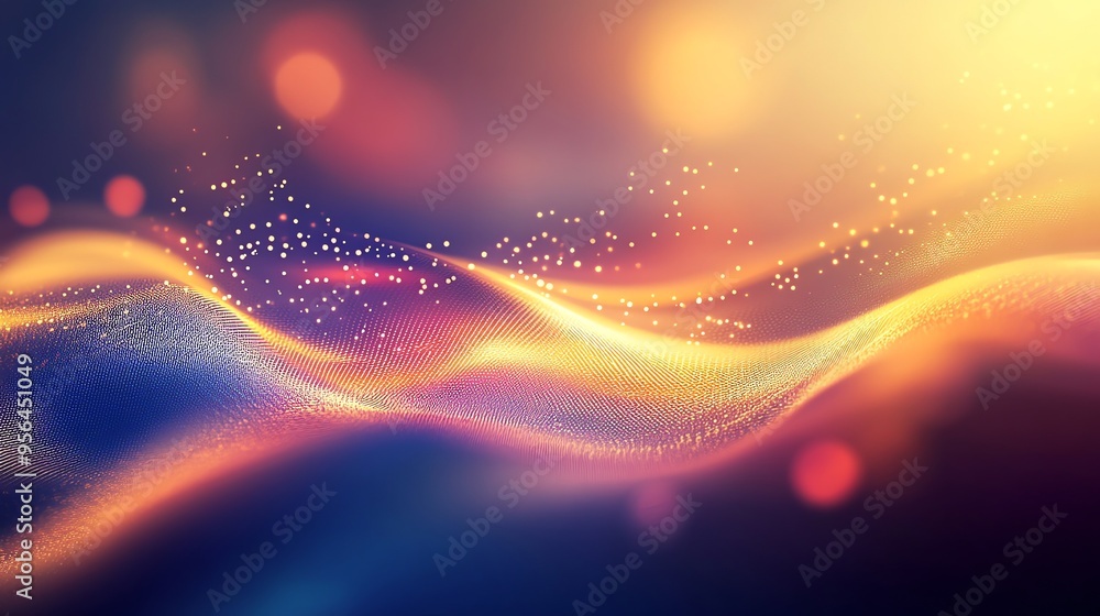 Fototapeta premium Abstract background with a wave of golden particles glowing against a blurry red and orange backdrop.