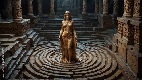 A statue of Ariadne standing in the center of a labyrinth, holding a golden thread, with a maze of intricate stone walls as the background.