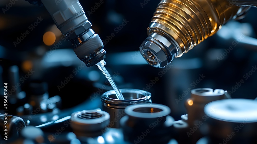 Closeup macro photography of a mechanic s hand applying lubricating fluid to an automotive or machinery part using a specialized nozzle applicator Closeup macro photography of a mechanic s hand applying lubricating fluid to an automotive or machinery part using a specialized nozzle applicator