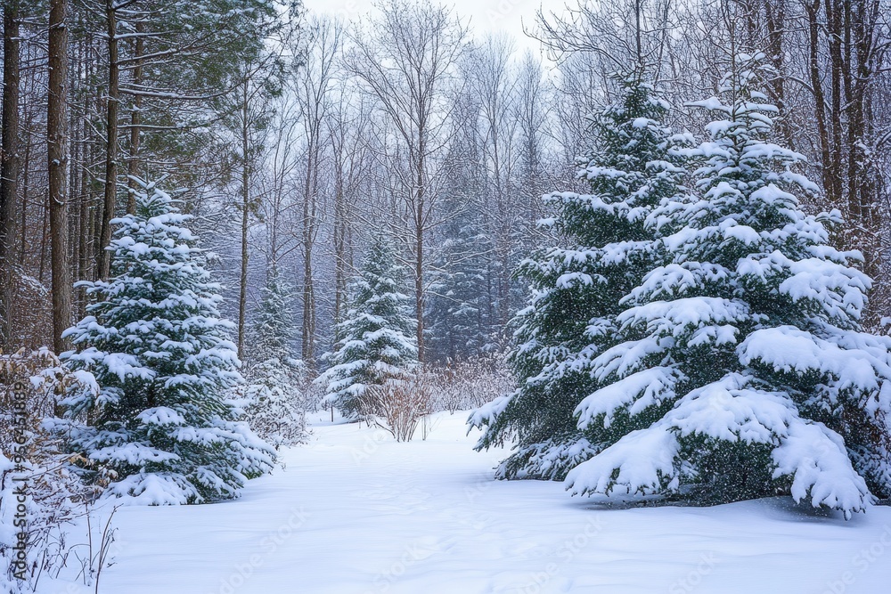 A serene winter landscape with snow-covered trees and a tranquil pathway. A serene winter landscape with snow-covered trees and a tranquil pathway.