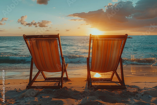 Two empty beach chairs sit side by side on sandy shore, bathed in warm, golden glow of a breathtaking sunset, offering a tranquil and serene view of vast ocean stretching out before them, creating a p photo