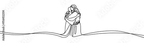 Vector icon in flat style of one line on white background with the image of Jesus who embraces a sinner
