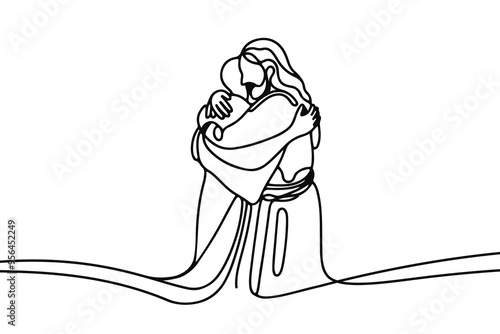 Vector icon in flat style of one line on white background with the image of Jesus who embraces a sinner
