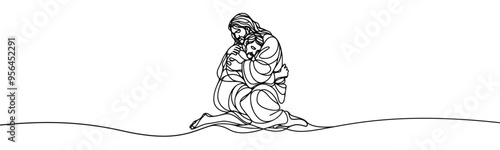 Vector icon in flat style of one line on white background with the image of Jesus who embraces a sinner
