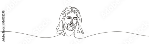 Vector icon in flat single line style on white background with image of Jesus with closed eyes
