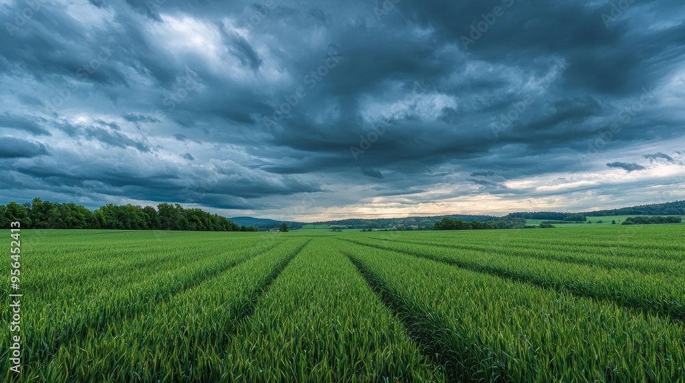A green field under a cloudy sky, dramatic and expansive A green field under a cloudy sky, dramatic and expansive