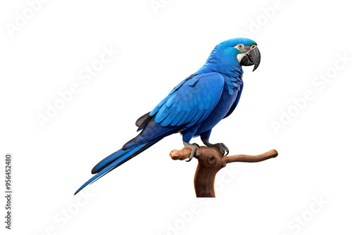 Blue macaw facing left on white background, perfect for wildlife conservation posters, tropical themed designs, or nature related projects photo