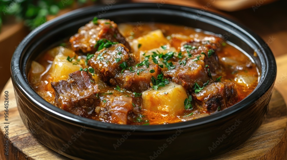 A close-up shot of beef stew in a black bowl. This image can be used to illustrate the deliciousness of a hearty meal. A close-up shot of beef stew in a black bowl. This image can be used to illustrate the deliciousness of a hearty meal.
