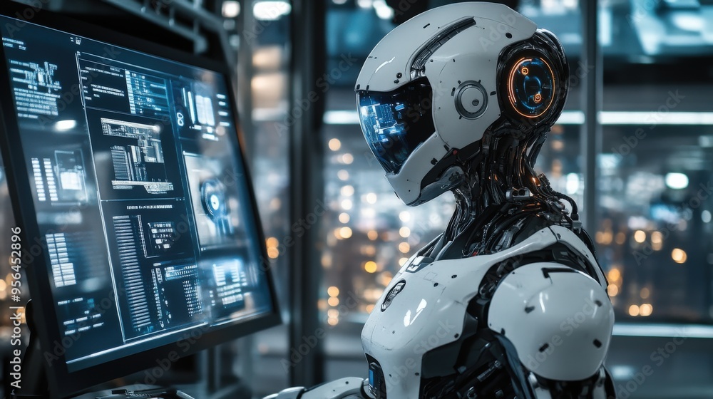 Fototapeta premium A sophisticated robot engages with a touchscreen interface, processing complex data in a modern laboratory filled with glowing screens and advanced technology late at night