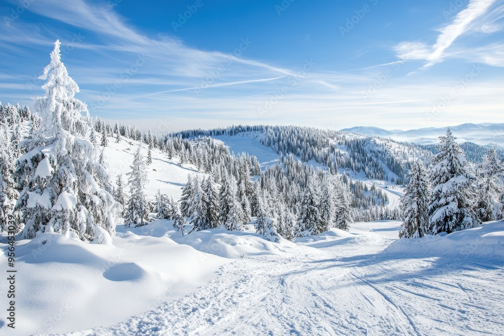 A serene winter landscape with snow-covered trees and blue skies. A serene winter landscape with snow-covered trees and blue skies.